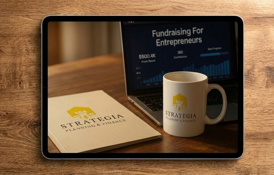 Strategia Planning and Finance business plan and coffee mug on a desk