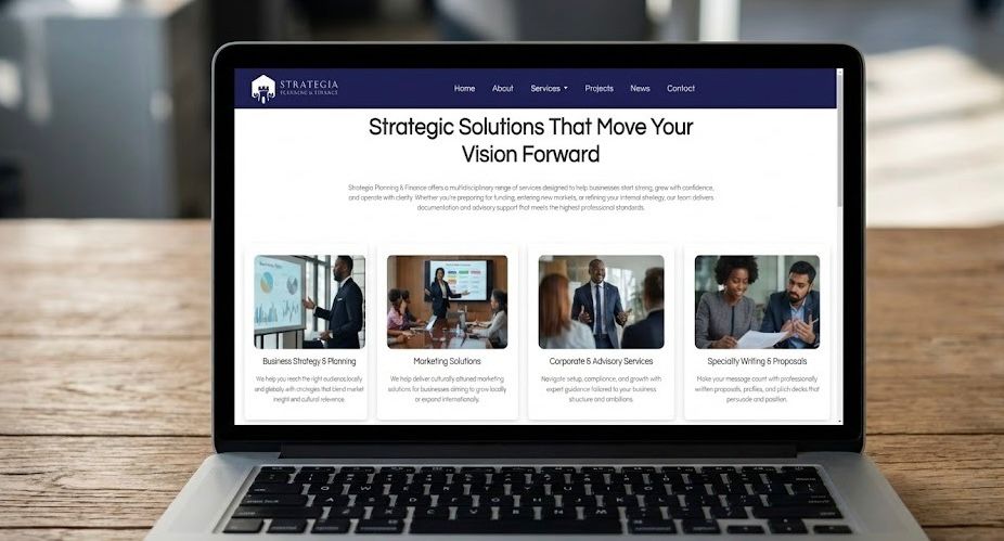 Services section highlighting strategic solutions on a laptop