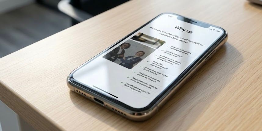 Why Us section displaying key consultancy benefits on a phone